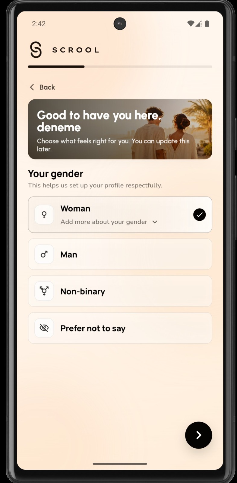 SCROOL profile setup screen